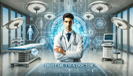 A striking image titled 'Trust Me, I’m a Doctor,' featuring a confident doctor in a white coat surrounded by advanced medical equipment and holographi trust me im doctor