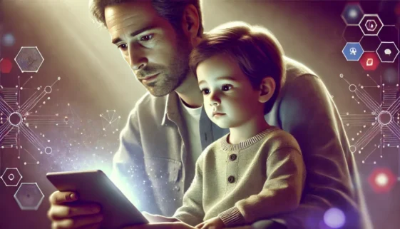 A realistic image of a concerned parent and their young child sitting together, watching a digital screen. The parent's expression shows worry while t social media kids
