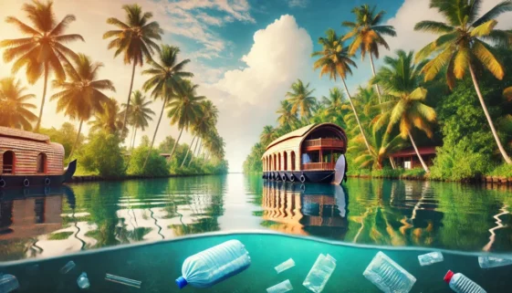 A serene and symbolic image of Kerala’s iconic houseboats sailing through a pristine, plastic-free waterway. The water is crystal clear, reflecting th kerala